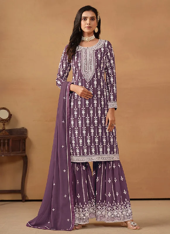 Purple Embroidery Designer Gharara Suit