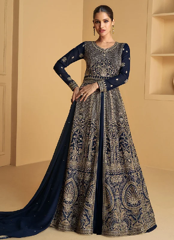 Navy Blue Embroidered Anarkali Dress With Lehenga