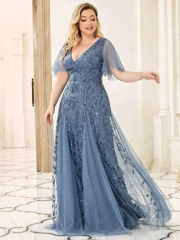 Plus Size Shimmery V Neck Evening Gowns with Ruffles Sleeves