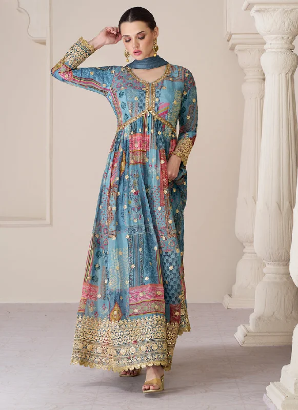 Blue Organza Silk Embroidery Printed Anarkali Suit