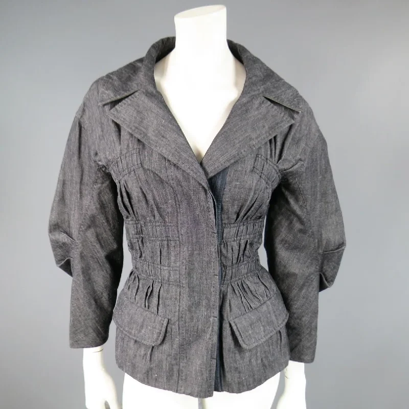 LOUIS VUITTON Size 6 Navy Cotton / Ramie Ruched Sleeve Jacket