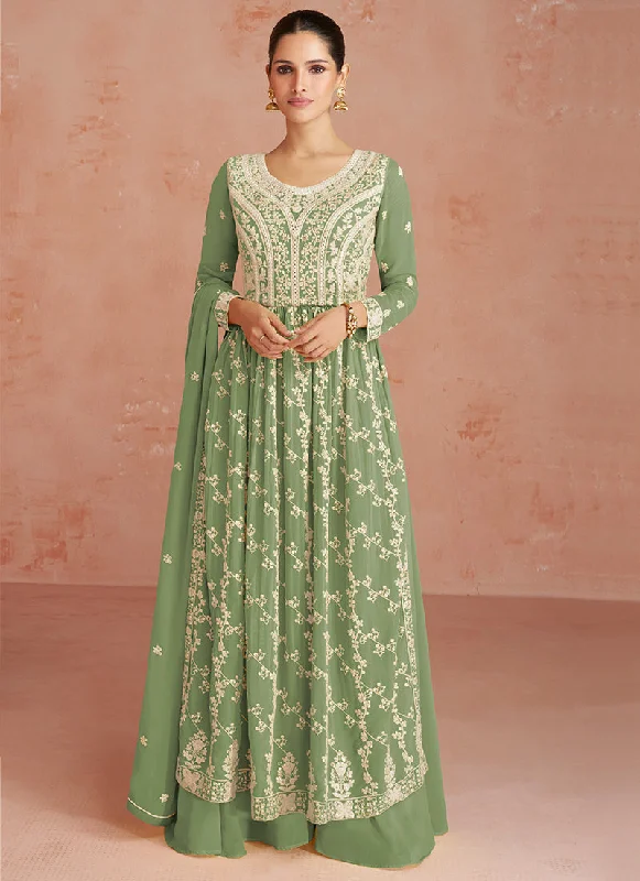 Green Georgette Thread Embroidered Palazzo Suit