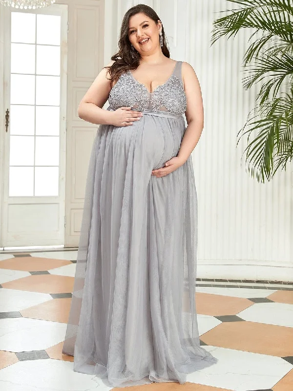 Plus Size Double V-Neck Lace Bodice Long Flowy Maternity Dress