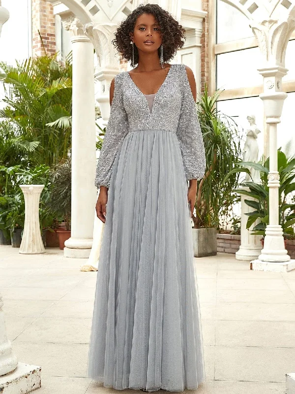 Sequin V-Neck Cold Shoulder Puff Sleeve Tulle Pleated Evening Dress