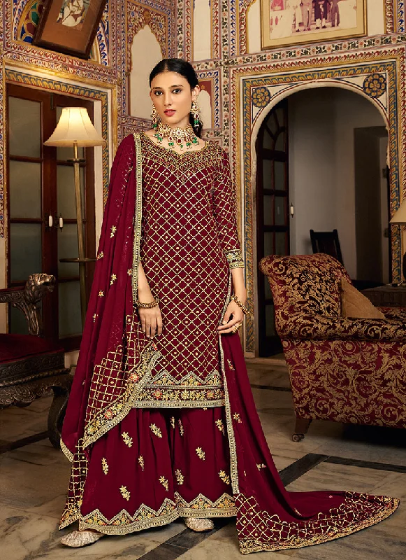 Maroon Multi Embroidery Traditional Palazzo Suit