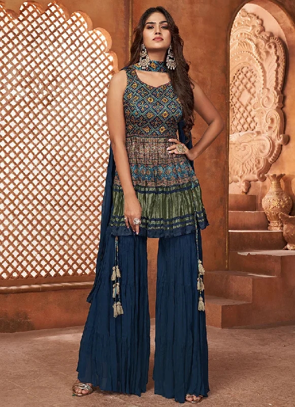 Dark Blue Multi Embroidery Traditional Gharara Style Suit