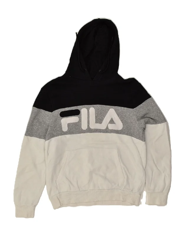 FILA Womens Graphic Hoodie Jumper UK 6 XS Grey Colourblock Cotton