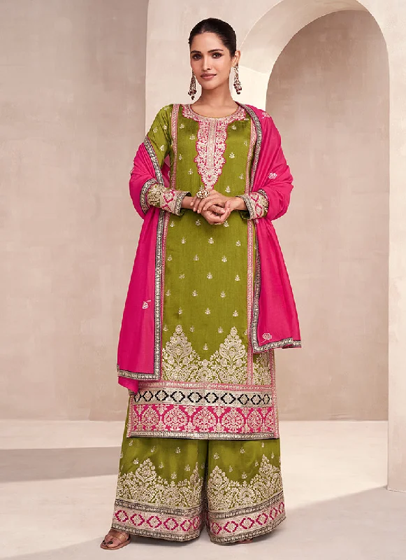 Green And Pink Embroidered Festive Palazzo Suit