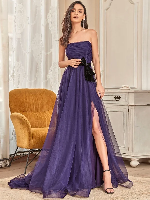 Ruched Tied Waist Strapless Front Slit Evening Dress