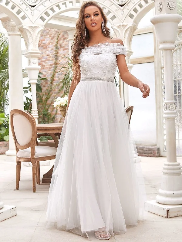 Renaissance A-Line Off-Shoulder Floral Applique Wedding Dress