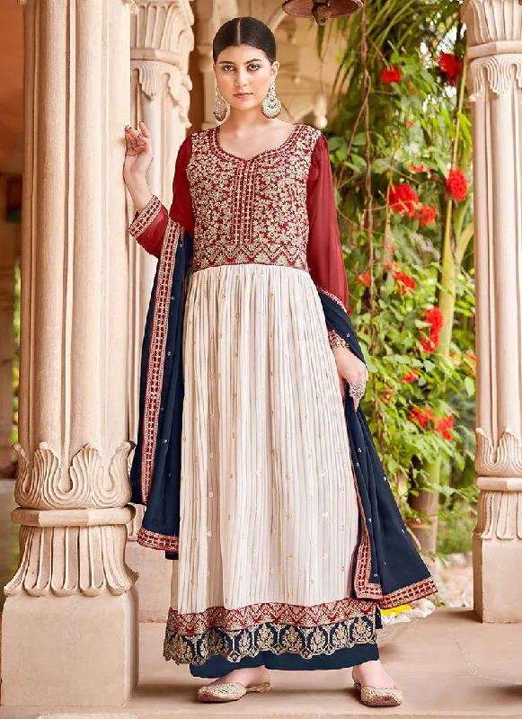 Off White And Red Embroidery Anarkali Style Palazzo Suit