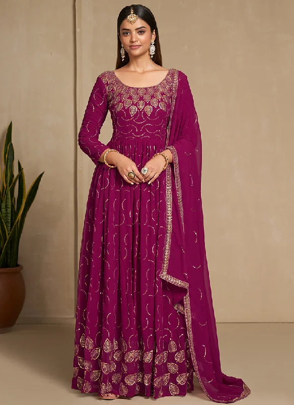 Magenta Golden Embroidery Festive Anarkali Gown