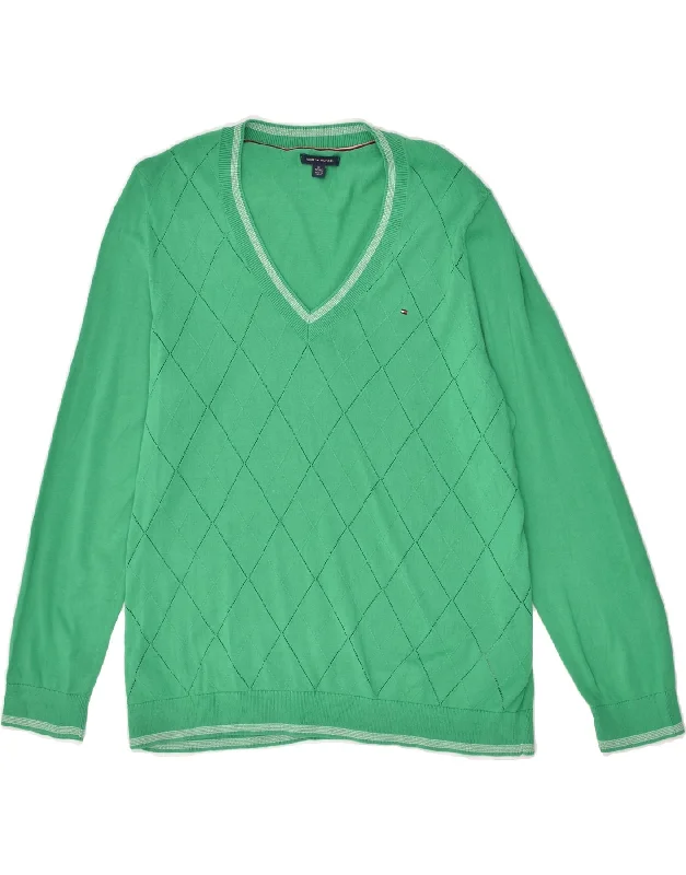 TOMMY HILFIGER Womens V-Neck Jumper Sweater UK 18 XL Green Argyle/Diamond