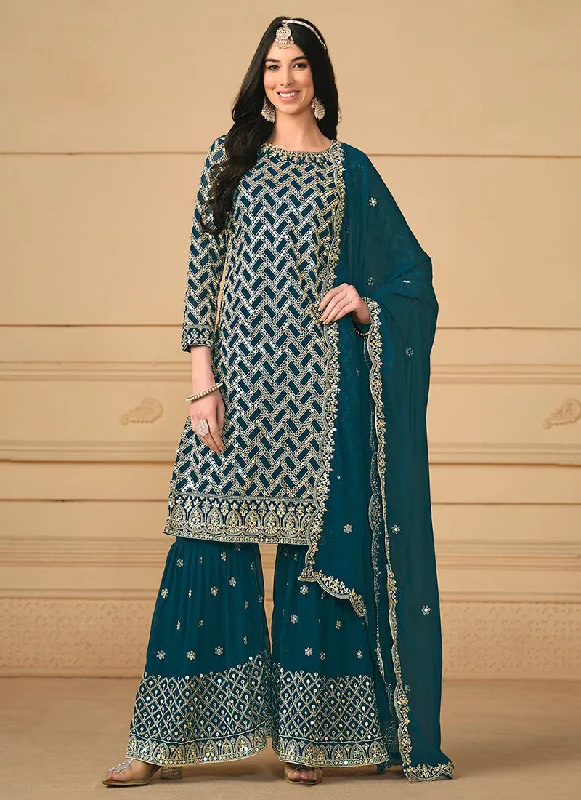 Turquoise Sequence Embroidery Traditional Gharara Suit