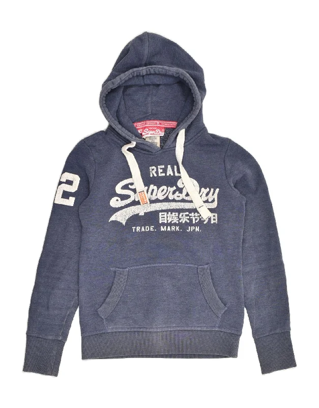 SUPERDRY Womens Graphic Hoodie Jumper UK 6 XS Navy Blue Cotton