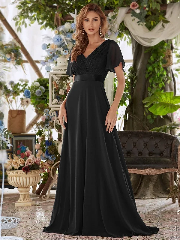 Long Empire Waist Evening Dress with Short Flutter Sleeves