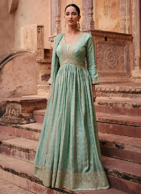 Sea Green Sequence Embroidery Jacquard Silk Anarkali Gown