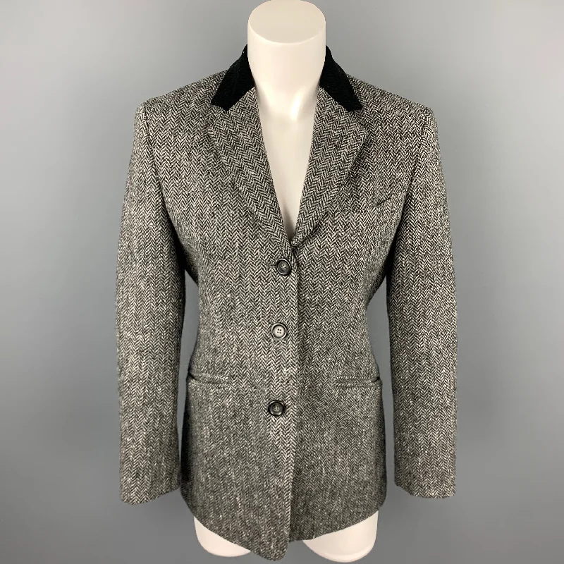 MAX MARA Size 6 Grey Tweed Herringbone Wool Notch Lapel Jacket