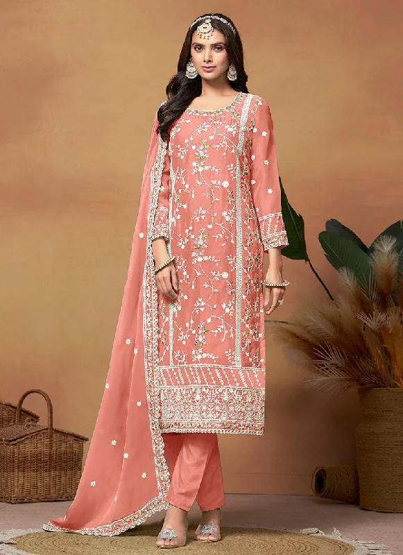 Peach Thread Embroidery Organza Salwar Suit