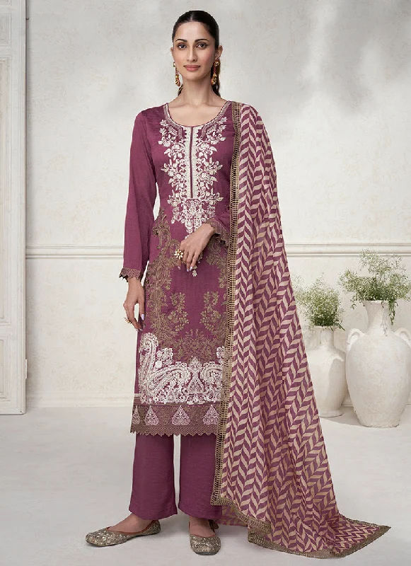 Wine Embroidery Silk Traditional Salwar Suit