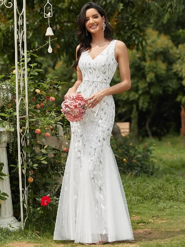 Double V-Neck Sequin Outdoor Mermaid Wedding Dress