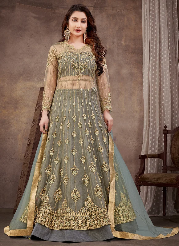 Slate Grey Embroidery Wedding Anarkali Lehenga