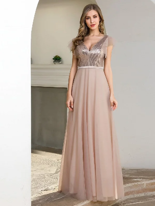 Deep Double V Neck Flowy Tulle Blush Bridesmaid Dress