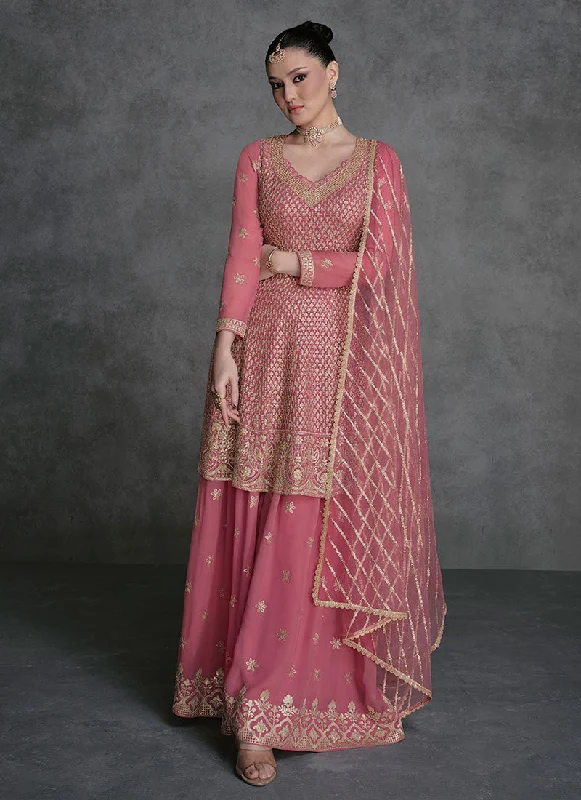 Pink Golden Sequence Embroidery Designer Sharara Suit