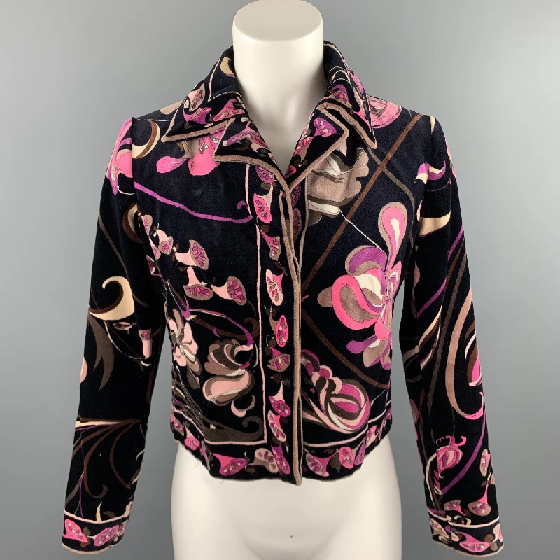 Vintage EMILIO PUCCI Size M Black & Pink Floral Velvet Cropped Jacket