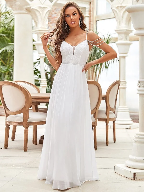 Floral Off-Shoulder Spaghetti Strap A-Line Wedding Dress